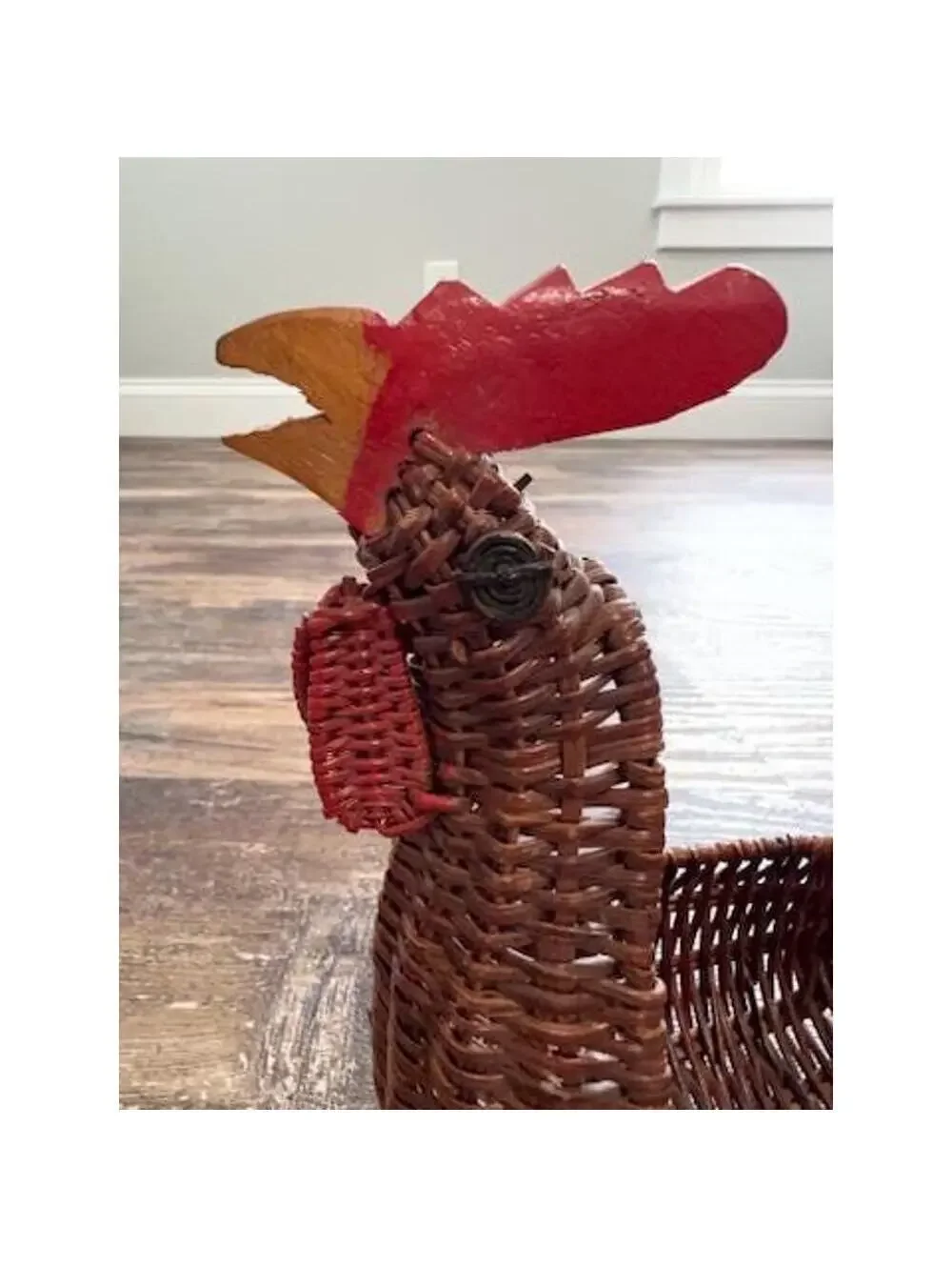 Vintage Wicker Rooster Basket | Handwoven Chicken with Carved Wooden Head